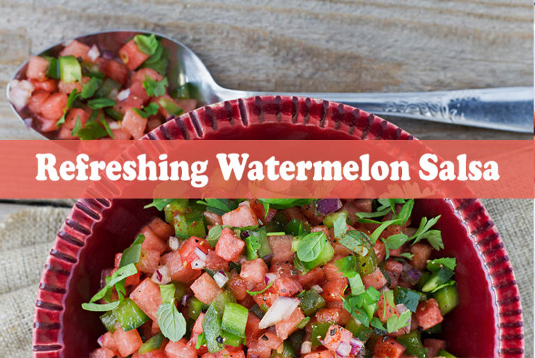 Bowl and spoon filled with watermelon salsa